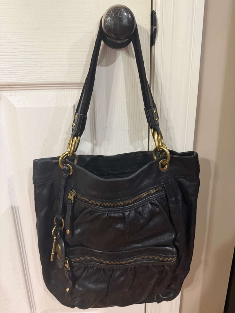 Fossil- Black soft Leather Tote Bag with Front Zipper Pockets
